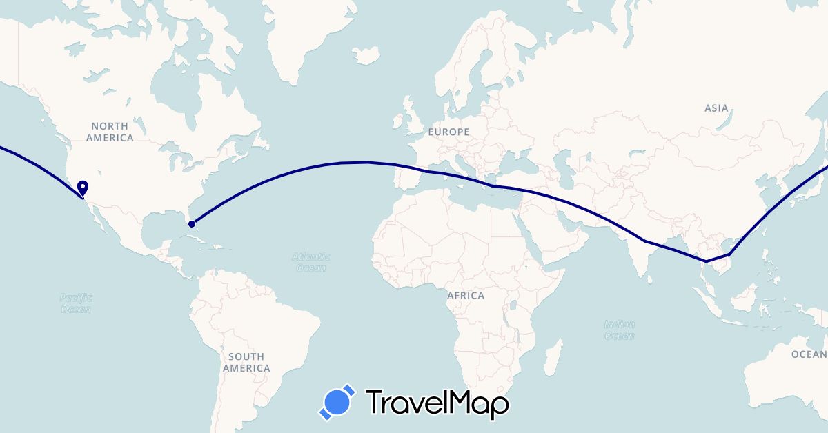 TravelMap itinerary: driving in Spain, Greece, Hong Kong, India, Thailand, United States, Vietnam (Asia, Europe, North America)